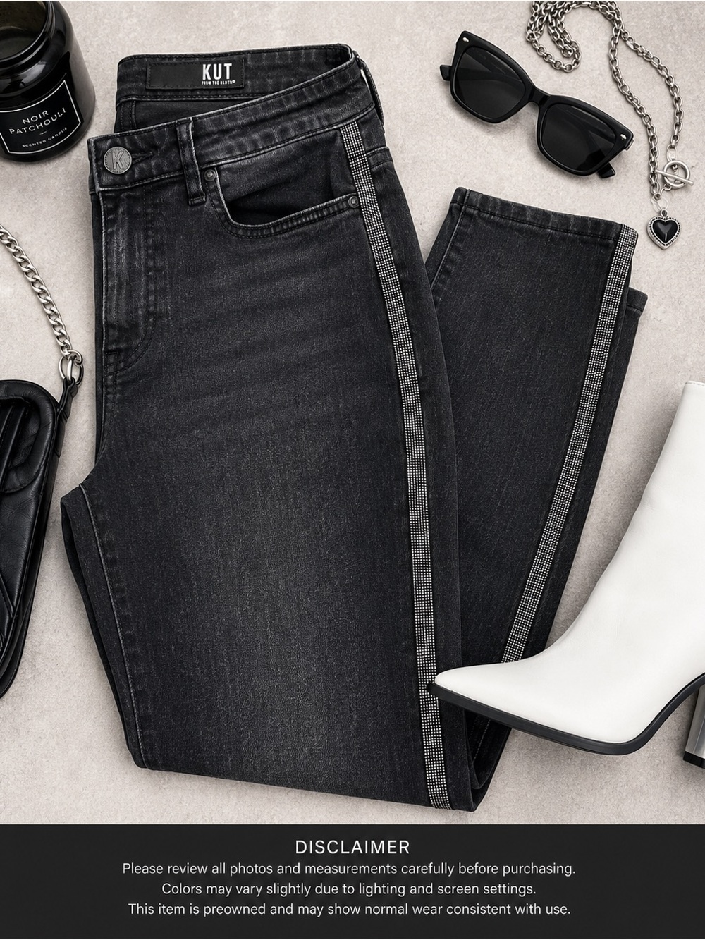 KUT From The Kloth Connie High Rise Jeans Black Rhinestone Side Stripe 14